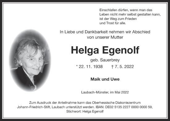 Traueranzeige von Helga Egenolf von Laubacher Anzeiger
