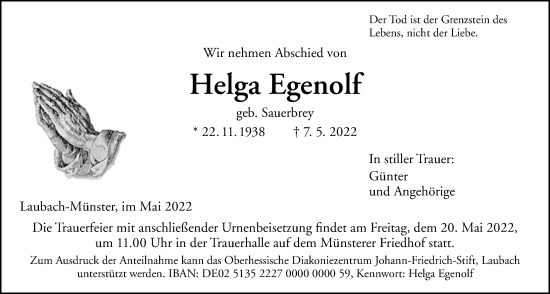 Traueranzeige von Helga Egenolf von Laubacher Anzeiger