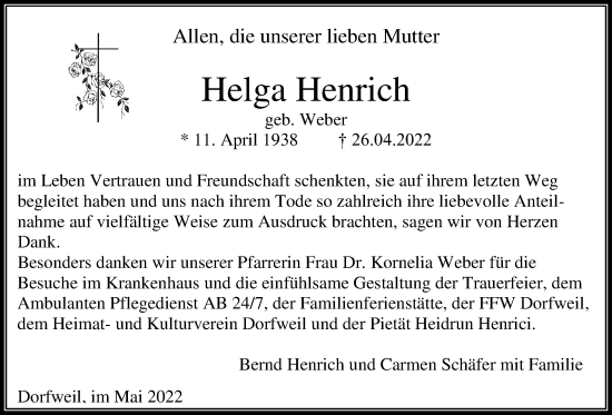 Traueranzeige von Helga Henrich von Usinger Anzeiger