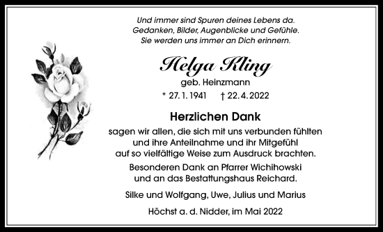 Traueranzeige von Helga Kling von Kreis-Anzeiger