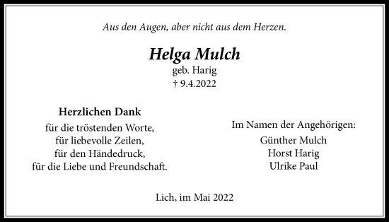 Traueranzeige von Helga Mulch von Licher Wochenblatt