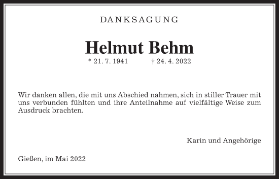 Traueranzeige von Helmut Behm von Giessener Allgemeine, Alsfelder Allgemeine, Giessener Anzeiger