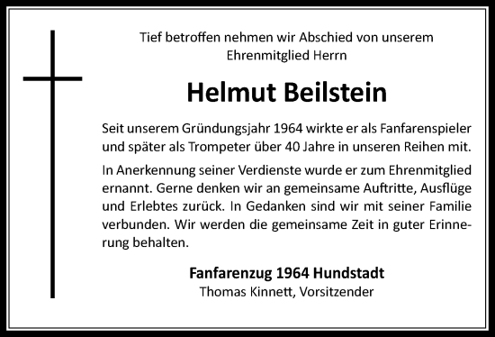 Traueranzeige von Helmut Beilstein von Usinger Anzeiger