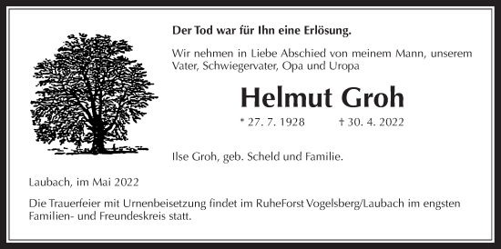 Traueranzeige von Helmut Groh von Laubacher Anzeiger