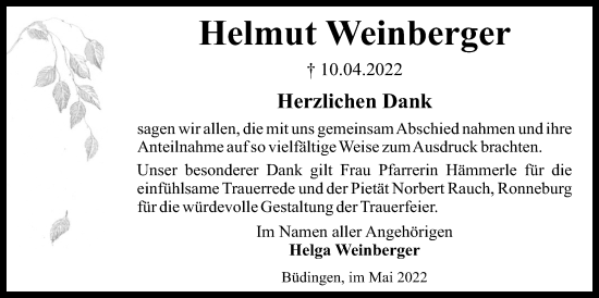 Traueranzeige von Helmut Weinberger von Kreis-Anzeiger