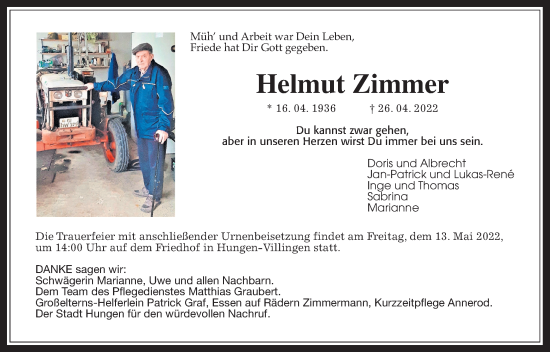 Traueranzeige von Helmut Zimmer von Giessener Allgemeine, Alsfelder Allgemeine