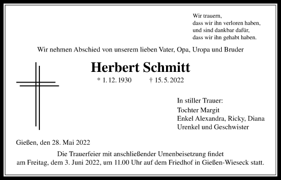 Traueranzeige von Herbert Schmitt von Giessener Allgemeine, Alsfelder Allgemeine