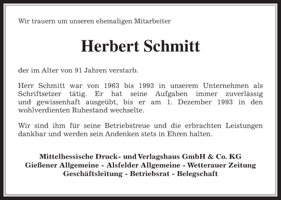 Traueranzeige von Herbert Schmitt von Giessener Allgemeine, Alsfelder Allgemeine