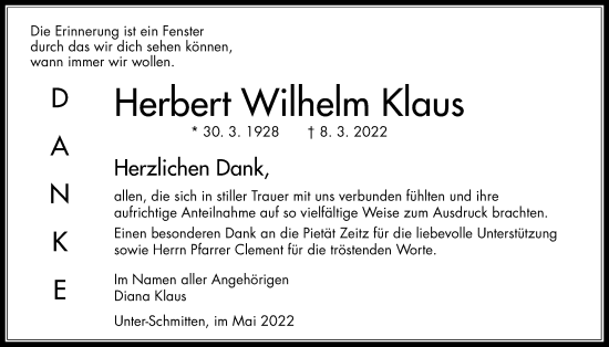 Traueranzeige von Herbert Wilhelm Klaus von Kreis-Anzeiger