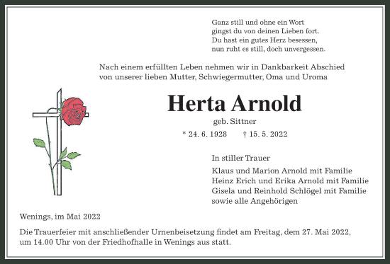 Traueranzeige von Herta Arnold von Kreis-Anzeiger