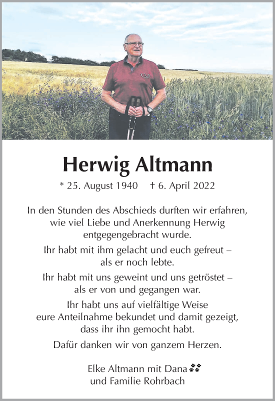 Traueranzeige von Herwig Altmann von Giessener Allgemeine, Alsfelder Allgemeine, Giessener Anzeiger