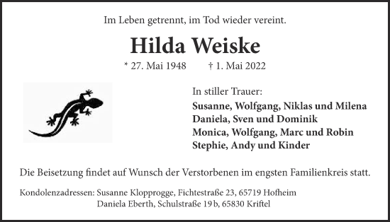 Traueranzeige von Hilda Weiske 