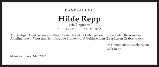 Traueranzeige von Hilde Repp von Giessener Allgemeine, Alsfelder Allgemeine, Giessener Anzeiger