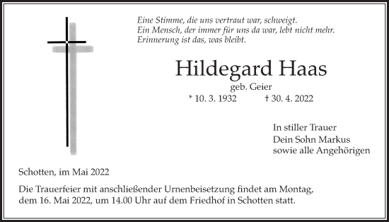 Traueranzeige von Hildegard Haas von Kreis-Anzeiger