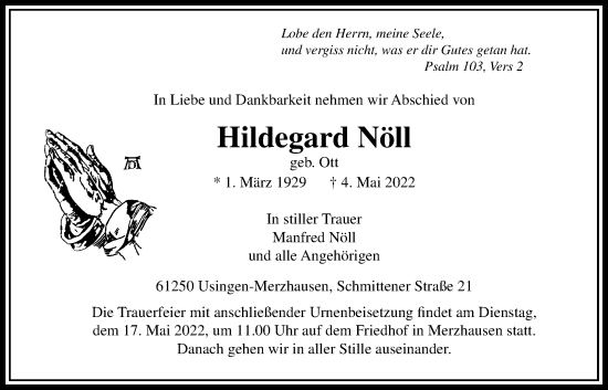 Traueranzeige von Hildegard Nöll von Usinger Anzeiger