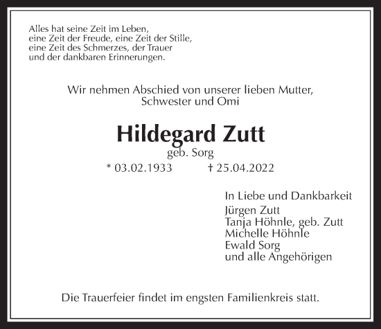 Traueranzeige von Hildegard Zutt von Usinger Anzeiger