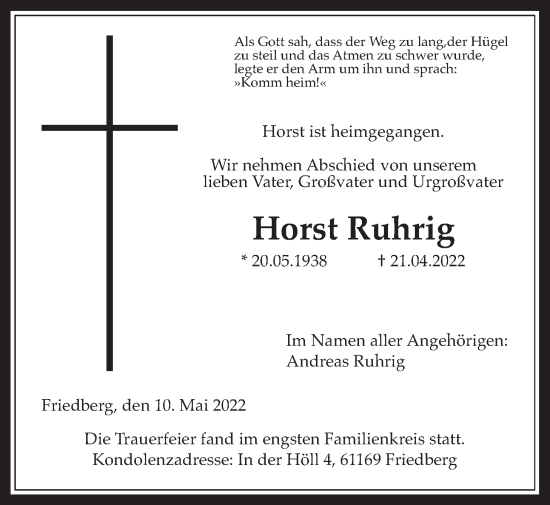 Traueranzeige von Horst Ruhrig von Wetterauer Zeitung