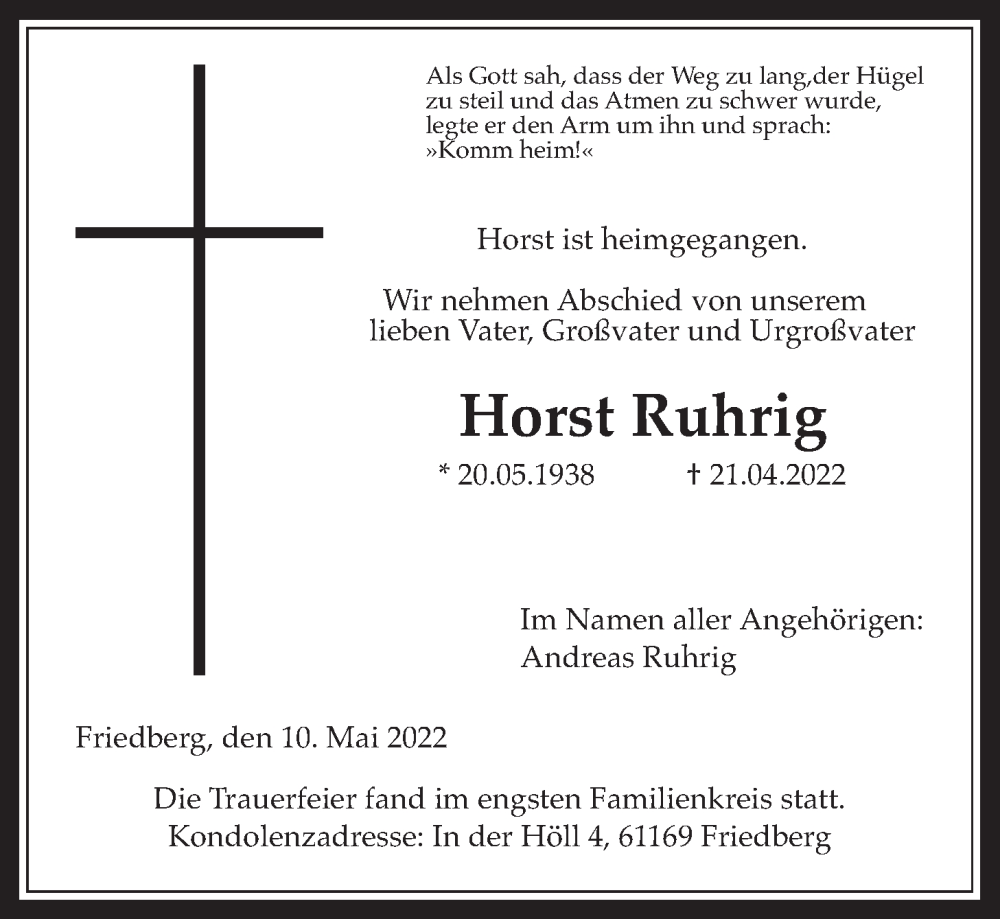  Traueranzeige für Horst Ruhrig vom 10.05.2022 aus Wetterauer Zeitung