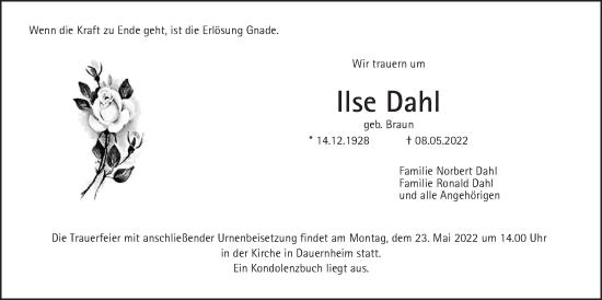 Traueranzeige von Ilse Dahl von Kreis-Anzeiger