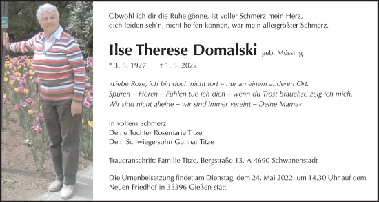 Traueranzeige von Ilse Therese Domalski von Giessener Anzeiger, Giessener Allgemeine, Alsfelder Allgemeine