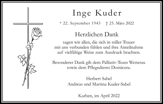 Traueranzeige von Inge Kuder von Bad Vilbel/Karben