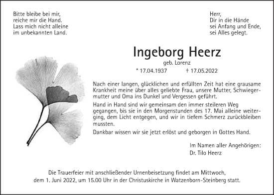 Traueranzeige von Ingeborg Heerz von Giessener Anzeiger, Giessener Allgemeine, Alsfelder Allgemeine