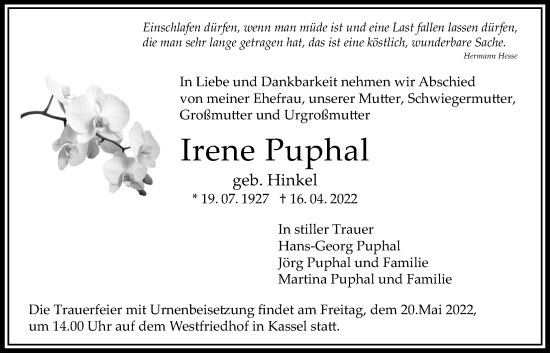 Traueranzeige von Irene Puphal von Bad Vilbel/Karben