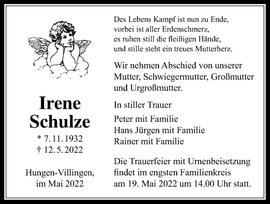 Traueranzeige von Irene Schulze von Licher Wochenblatt
