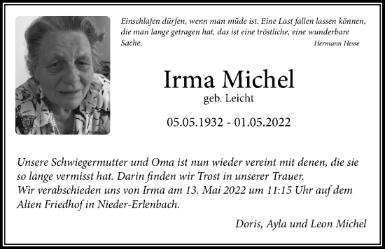 Traueranzeige von Irma Michel von Bad Vilbel/Karben
