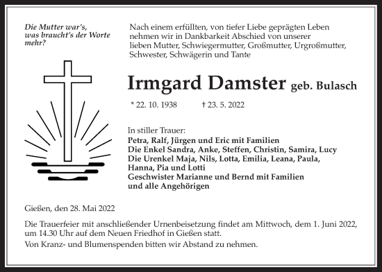 Traueranzeige von Irmgard Damster von Giessener Allgemeine, Alsfelder Allgemeine, Giessener Anzeiger