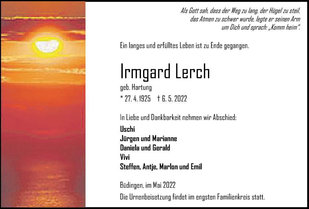  Traueranzeige für Irmgard Lerch vom 14.05.2022 aus Kreis-Anzeiger