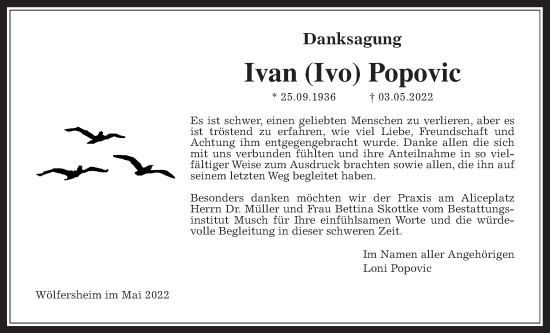Traueranzeige von Ivan Popovic von Wetterauer Zeitung