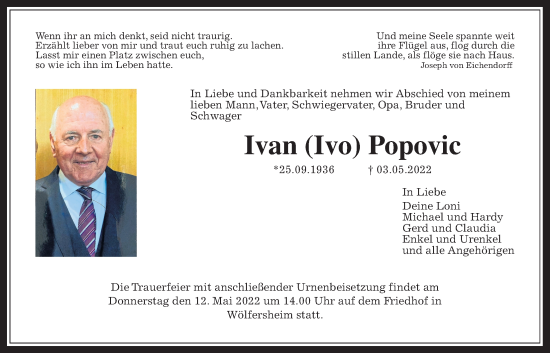 Traueranzeige von Ivan Popovic von Wetterauer Zeitung
