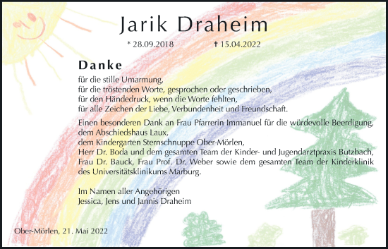 Traueranzeige von Jarik Draheim von Wetterauer Zeitung