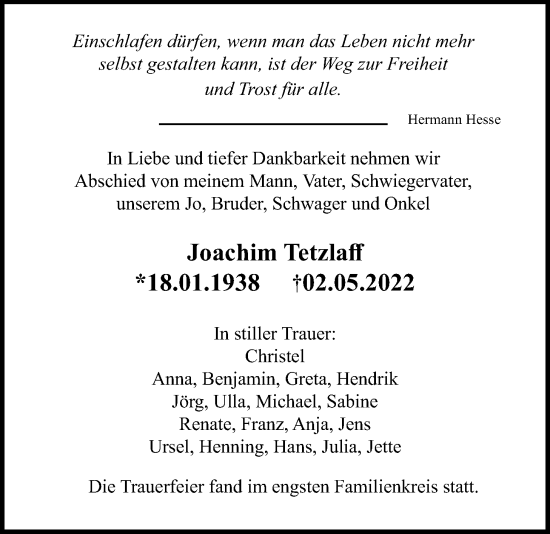 Traueranzeige von Joachim Tetzlaff von Kreis-Anzeiger