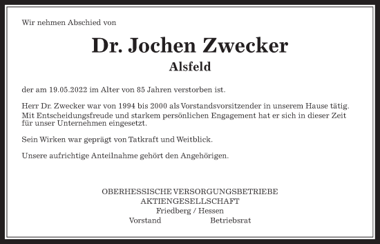 Traueranzeige von Jochen Zwecker von Wetterauer Zeitung, Alsfelder Allgemeine