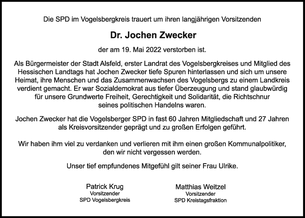  Traueranzeige für Jochen Zwecker vom 25.05.2022 aus Alsfelder Allgemeine