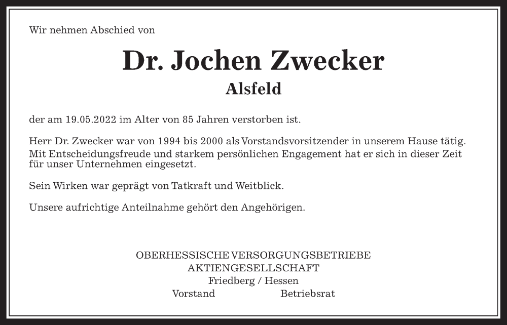  Traueranzeige für Jochen Zwecker vom 28.05.2022 aus Wetterauer Zeitung, Alsfelder Allgemeine