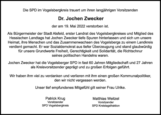 Traueranzeige von Jochen Zwecker von Alsfelder Allgemeine