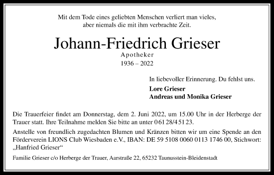 Traueranzeige von Johann-Friedrich Grieser 