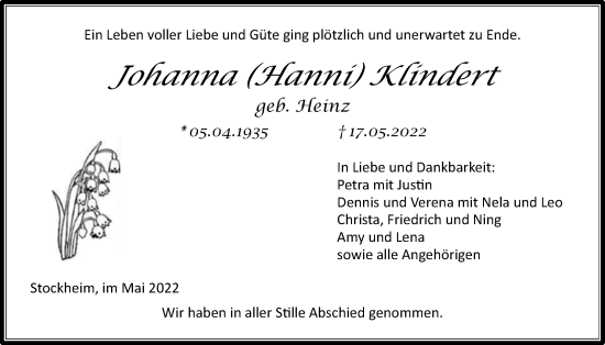 Traueranzeige von Johanna Klindert von Kreis-Anzeiger