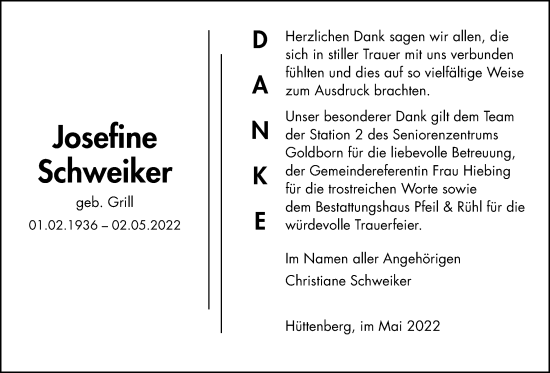 Traueranzeige von Josefine Schweiker von Alsfelder Allgemeine