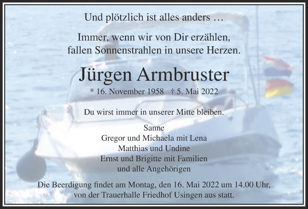  Traueranzeige für Jürgen Armbruster vom 14.05.2022 aus Usinger Anzeiger