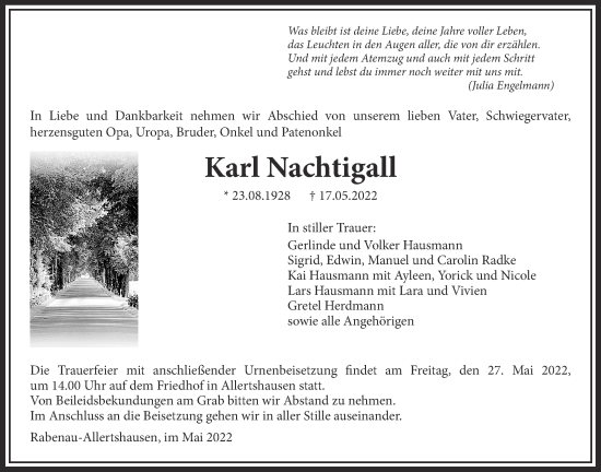 Traueranzeige von Karl Nachtigall von Giessener Allgemeine, Alsfelder Allgemeine, Giessener Anzeiger