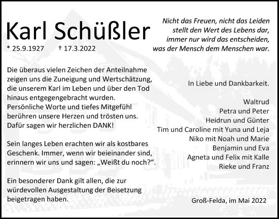 Traueranzeige von Karl Schüßler von Alsfelder Allgemeine