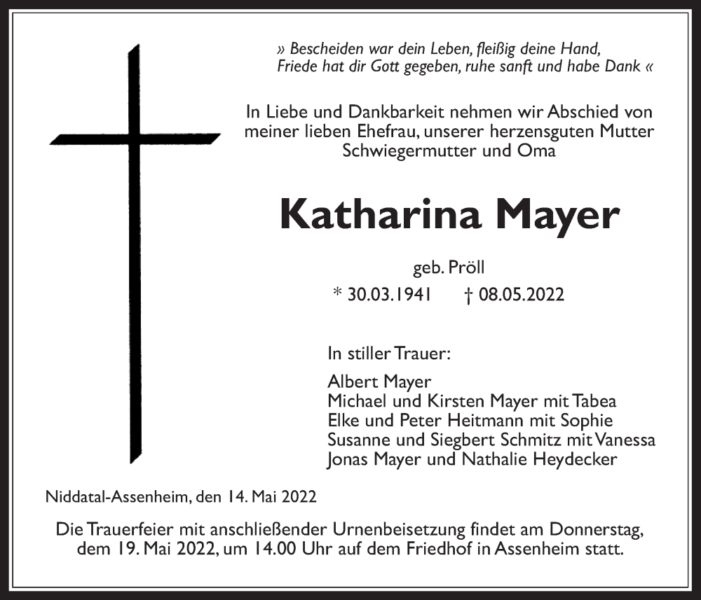  Traueranzeige für Katharina Mayer vom 14.05.2022 aus Wetterauer Zeitung