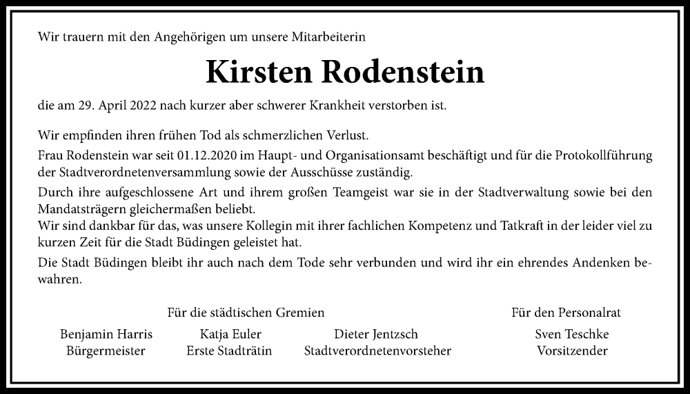  Traueranzeige für Kirsten Rodenstein vom 07.05.2022 aus Kreis-Anzeiger