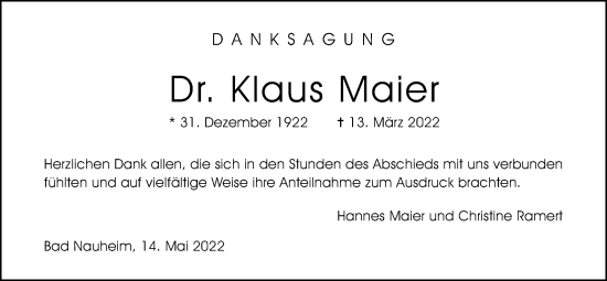Traueranzeige von Klaus Maier von Wetterauer Zeitung