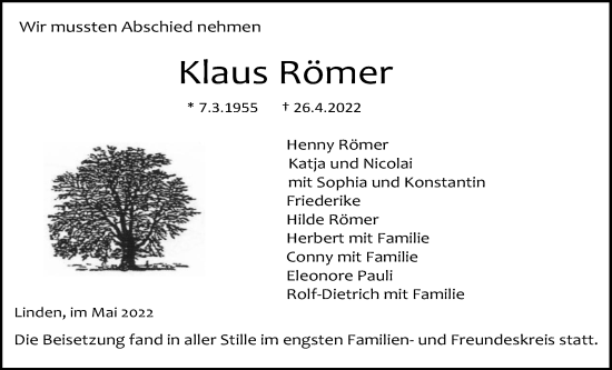 Traueranzeige von Klaus Römer von Giessener Anzeiger, Giessener Allgemeine, Alsfelder Allgemeine