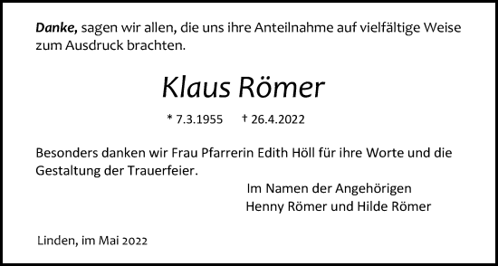 Traueranzeige von Klaus Römer von Giessener Allgemeine, Alsfelder Allgemeine, Giessener Anzeiger